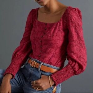 Anthropologie Raspberry Pink Puff Sleeve Corset Top - Size M